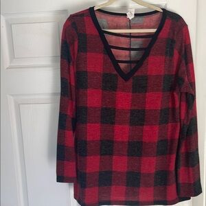 Red and Black Plaid V-Neck Women's Top